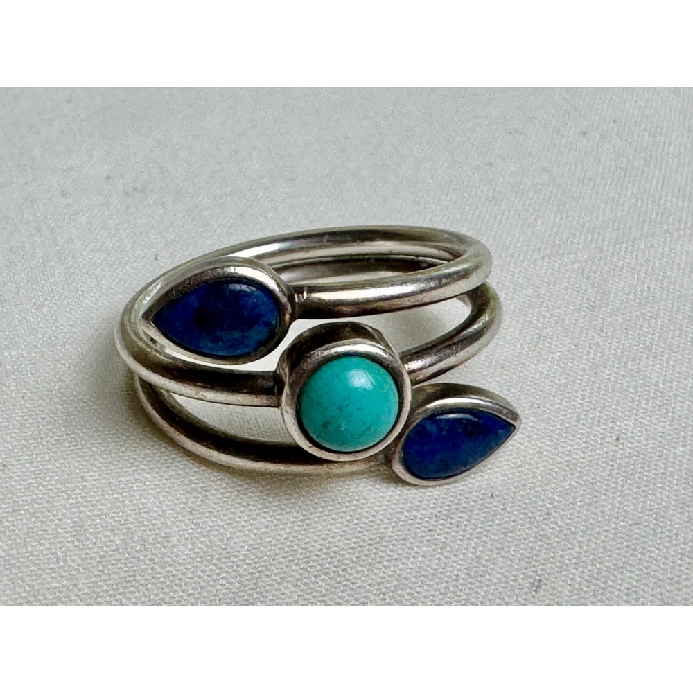 VTG Whitney Kelley Sterling Silver Turquoise Lapis Lazuli Bypass‎ Ring Sz 9 QVC